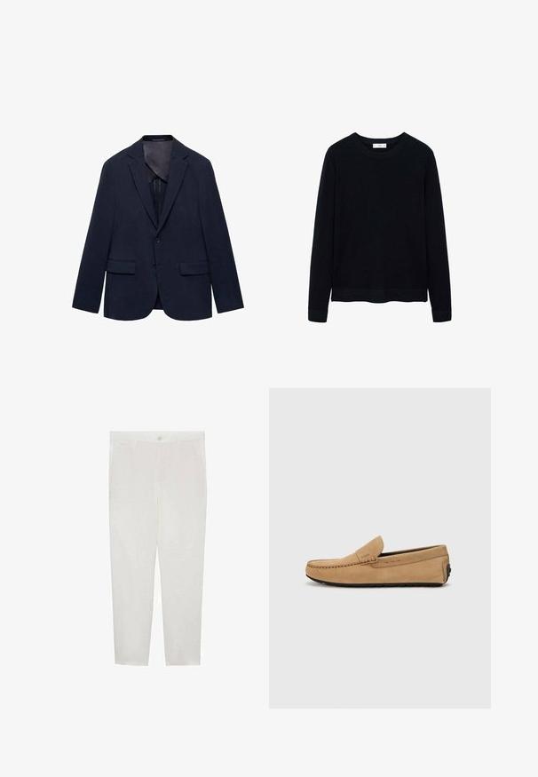 Marineblazer aus Stoff, mit einem Reverskragen, zwei vorderen Taschen, Einknopfverschluss und einem glatten Innenfutter.; Schwarzer, gerippter Pullover mit langen Ärmeln und rundem Halsausschnitt sowie feiner Textur. Geschlossene Bündchen und Saum verstärken das strukturierte Design.; Mango Chino - white; Beige Wildleder-Mokassinschuh mit gestickter Zehenpartie, im Slip-On-Design und schwarzer Gummisohle. Besitzt dezente Markenkennzeichnung an der Seite.