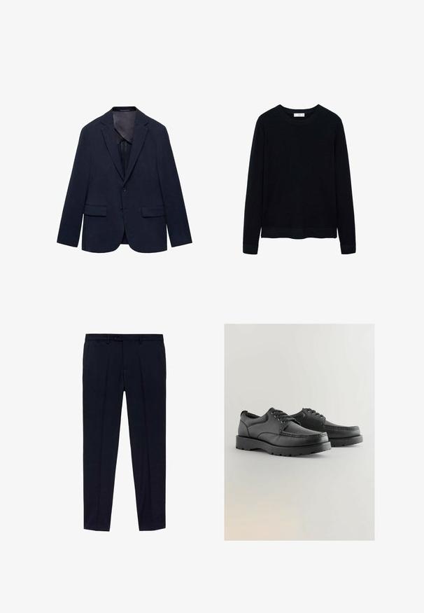 Mornarski blejzer izdelan iz blaga, ki ima izrezan ovratnik, dve sprednji žepki, en gumb za zapiranje in gladko notranjo podlogo.; Črna rebrasta dolga majica s dolgimi rokavi in okroglim izrezom ter subtilno teksturo. Zaprti manšeti in rob dodajata strukturo oblikovanju.; Mornarsko modre hlače z ravnim prednjim delom, izdelane iz gladkega blaga. Med značilnostmi so dva stranska žepa in zadrga s pripenjanjem na gumb.; Črne usnjene čevlje z teksturirano zgornjo plastjo, okroglo toe, zavezovanjem in debelim gumijastim podplatom, ki ima vzorčno podlago.