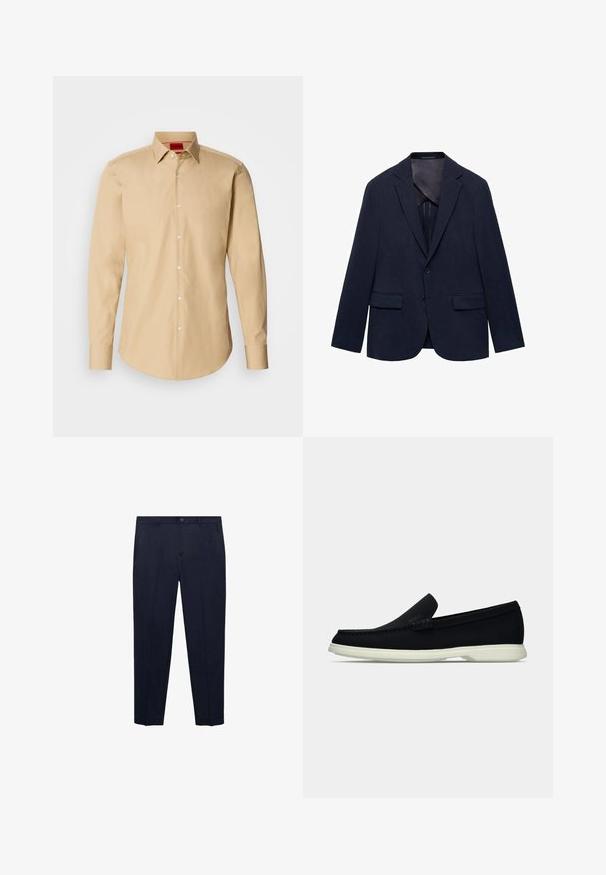 Mornarski blejzer izdelan iz blaga, ki ima izrezan ovratnik, dve sprednji žepki, en gumb za zapiranje in gladko notranjo podlogo.; Bežna srajca z gumbi, izdelana iz gladkega blaga, z klasičnim ovratnikom, dolgimi rokavi in subtilno teksturo ter belimi gumbi.; Mornarsko modre hlače iz gladkega materiala, z ravnim krojem, standardnim pasom s gumbom in diskretnimi stranskimi žepi.; Črne slip-on čevlje z zaobljenim nosom, ki imajo strukturirano zgornji del, gladek bel podplat in subtilen logotip na strani.