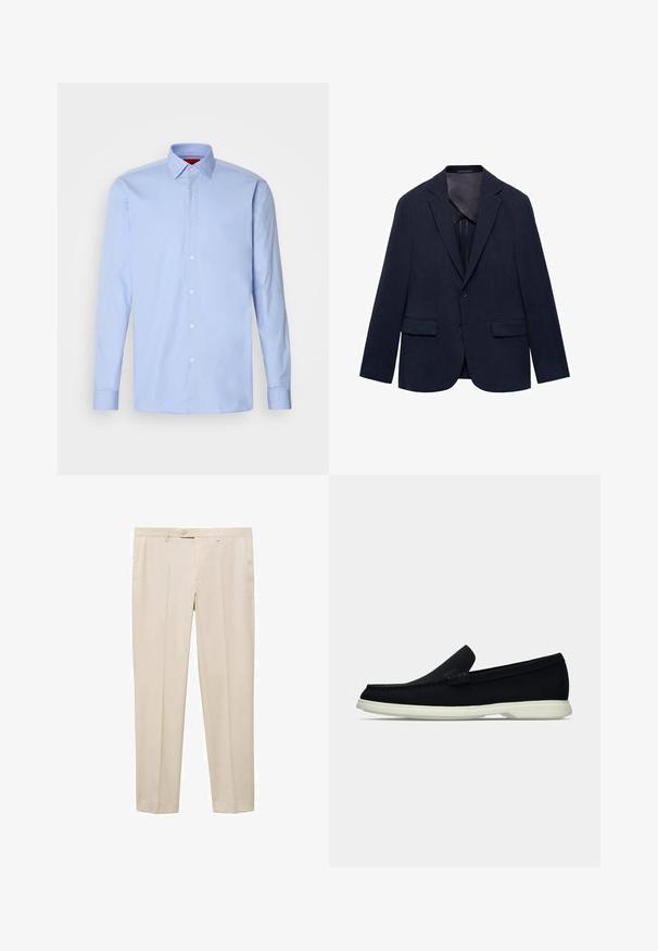Mornarski blejzer izdelan iz blaga, ki ima izrezan ovratnik, dve sprednji žepki, en gumb za zapiranje in gladko notranjo podlogo.; Svetlo modra srajca z dolgimi rokavi iz bombaža, z klasičnim ovratnikom in gumbnim zapiranjem spredaj z belimi gumbi. Gladka tekstura.; Bež hlače s ravnim krojem, ki imajo zapiranje na en gumb, dve stranski žepu in ravno sprednjo zasnovo.; Črne slip-on čevlje z zaobljenim nosom, ki imajo strukturirano zgornji del, gladek bel podplat in subtilen logotip na strani.