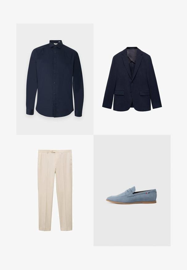 Marineblazer van stof, met een gelapt kraag, twee voorzakken, een enkele knoopsluiting en een gladde binnenvoering.; Marineblauw, overhemd met lange mouwen en knopen, gemaakt van gladde stof. Voorzien van een klassieke kraag en een afgeronde zoom met zeven knopen aan de voorkant.; Beige op maat gemaakte broek met een rechte snit, voorzien van een enkele knoopsluiting in de taille, twee zijzakken en een flat front ontwerp.; Lichtblauwe suède loafer met een gladde textuur, decoratieve stiksels en een bruine rubberen zool. Beschikt over een penny slot design op de bovenkant.