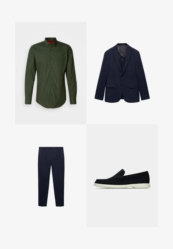 Námořnický blazer vyrobený z látky, s klopovým límcem, dvěma předními kapsami, zapínáním na jeden knoflík a hladkým vnitřním podšívkovým materiálem.; Tmavě zelená košile s dlouhým rukávem vyrobená z hladké bavlny, klasického střihu s černými knoflíky a zakřiveným lemem. Červené logo značky na límci.; Námořnické modré kalhoty z hladkého materiálu, s rovnými nohavicemi, standardním pasem s knoflíkem a diskrétními postranními kapsami.; Černá nazouvací bota s kulatou špičkou, má texturovaný svršek, hladkou bílou podrážku a subtilní značkový detail na boku.