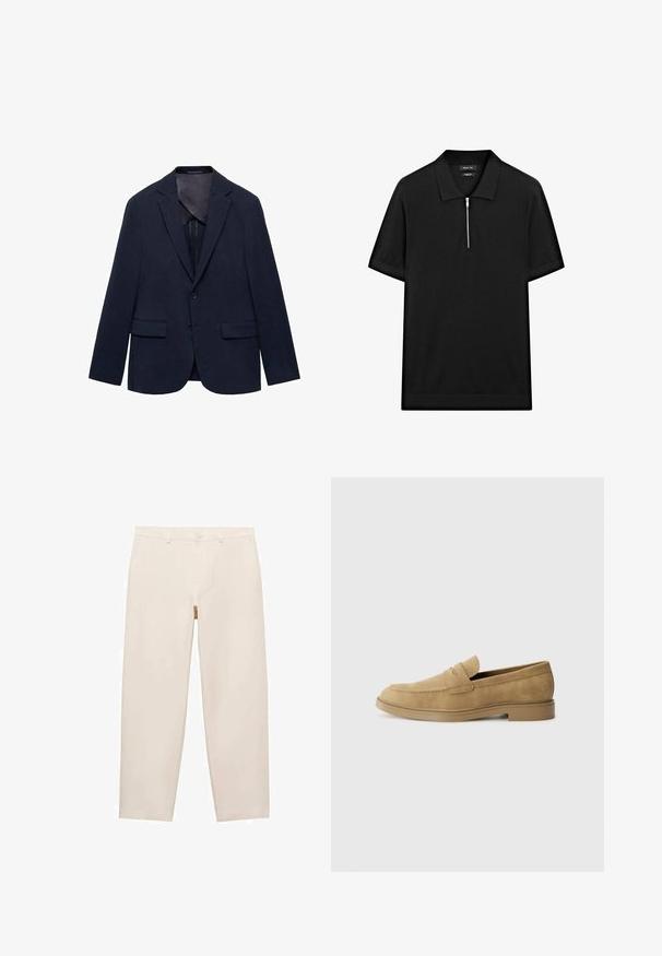 Marineblazer van stof, met een gelapt kraag, twee voorzakken, een enkele knoopsluiting en een gladde binnenvoering.; Zwarte polo met korte mouwen, een staande kraag en een rits aan de voorkant. Gemaakt van een gladde stof met een schoon, minimalistisch ontwerp.; Beige rechte broek gemaakt van zachte stof, met riemlussen, een ritssluiting en twee zijzakken. Schone, minimalistische uitstraling.; Tan suède instappers met een ronde neus, lage blokhak en gestikte details op de bovenkant. Gladde textuur en minimalistisch ontwerp.