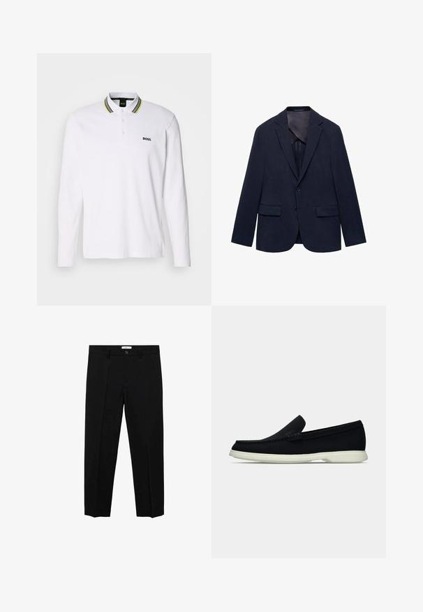 Námornícky blejzer vyrobený z látky, s vystrihnutým golierom, dvoma prednými vreckami, jedným gombíkom a hladkou podšívkou.; Biela polokošeľa s dlhým rukávom a čiernym logom, obsahuje trojica gombíkov na zapínanie a pruhovaný golier v zelenej a čiernej farbe.; Čierne oblekové nohavice so strihaním do rovna, s jednému gombíku, pútkami na opasok a prednými záhybmi. Vyrobené z hladkej látky.; Čierne nazúvacie topánky s okrúhlou špičkou, s textúrovaným zvrškom, hladkou bielou podrážkou a jemným brandingom po boku.
