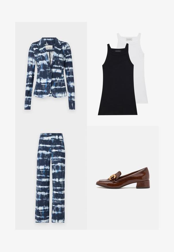 Tumši zils žakets ar raibumu, kurā ir gaiši zili un balti svītri, ar vienu pogu aizdari un divām priekšējām kabatām.; Divi bezpiedurkņu topi melnā un baltā krāsā. Izgatavoti no mīksta, elastīga auduma ar ribotu tekstūru un pieguļošu piegriezumu. Iekļauj šauras siksnas.; Plati diegi bikses tumši zilā krāsā ar baltu un tirkīzzilu tinti. Izgatavotas no viegla auduma, tām ir gluda tekstūra un brīvs piegriezums.; Brūni ādas mokasīni ar spīdīgu apdari, ar dekoratīvu zelta sprādzi priekšpusē un zemu blokveida papēdi. Klasisks dizains.