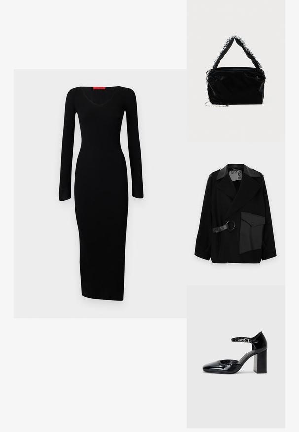 Črn plašč iz volnene mešanice z ovratnikom, poudarjenim z usnjem, asimetričnim sprednjim delom, stranskimi žepi in usnjenim trakom z kovinskim obročem.; Črna, rebrasta obleka z dolgimi rokavi in V-izrezom, oprijet zgornji del in ravna spodnja obleka, izdelana iz raztegljive tkanine za prilegnjeno silhueto.; Črne lakirane usnjene čevlje s peto, kvadratnim izrezom, trakovi okrog gležnja in masivno peto. Vsebujejo perforirane detajle ob robu.; Črna torba iz umetnega usnja z teksturirano površino, ki ima bisernat srebrni okras vzdolž zgornjega ročaja in verižni pas.