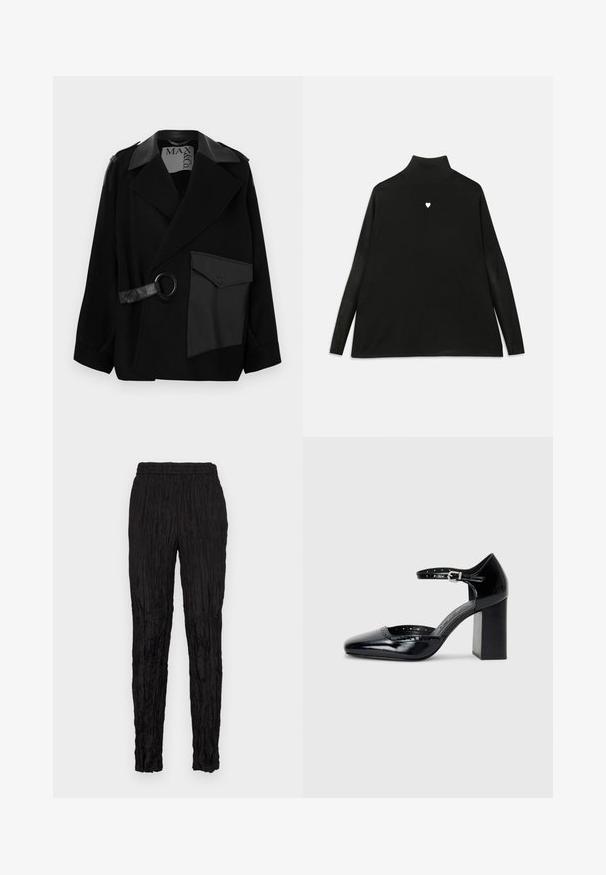 Cappotto in misto lana nero con colletto impreziosito da dettagli in pelle, davanti asimmetrico, tasca laterale e cinturino in pelle con anello metallico.; Maglione nero a collo alto con maniche lunghe, caratterizzato da un piccolo emblema a forma di cuore bianco sul petto. Tessuto morbido e vestibilità rilassata.; Pantaloni neri con una texture rugosa, vita elastica e design a gamba affusolata. Nessuna tasca visibile o dettagli distintivi.; Scarpe col tacco alto in pelle verniciata nera con punta quadrata, cinturino alla caviglia e tacco chunky. Include dettagli perforati lungo il bordo.