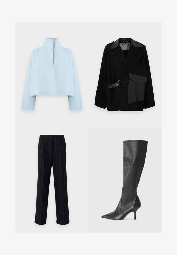 Mustast villa segust mantel, millel on nahaga kaunistatud krae, asümmeetriline esikülg, küljetasku ja metallrõngaga nahkrihm.; Hele sinine lühikeste varrukatega särk kõrge kraega, pikkade varrukatega ja viie nööbiga kinnitusega seljal. Valmistatud siledast, tekstureeritud kangast.; Mustra mustriga tumeda värvusega püksid, millel on kohandatud lõige, varras ja ees olevad voldid. Valmistatud siledast kangast, millel on struktureeritud disain.; Knee-high mustad nahksaapad terava nina ja kitsaste stiilsete kontsadega. Sile tekstuur sobiva disainiga ja õmblused ülemisel serval.