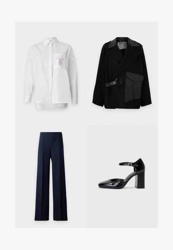 Black wool blend coat with leather-accented collar, asymmetrical front, side pocket, and a leather strap with a metal ring.; White button-up shirt made of cotton, featuring a left chest pocket with an embroidered monogram in light brown. Long sleeves and straight hem.; Wide-leg trousers in dark navy fabric, featuring a smooth texture, subtle front pleats, and a fitted waistband for a streamlined silhouette.; Black patent leather high-heeled shoes with a square toe, ankle strap, and a chunky heel. Includes perforated detailing along the rim.