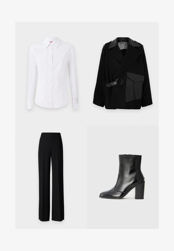 Cappotto in misto lana nero con colletto impreziosito da dettagli in pelle, davanti asimmetrico, tasca laterale e cinturino in pelle con anello metallico.; Camicia bianca a maniche lunghe con colletto a punta, chiusura frontale con bottoni e design aderente. Tessuto di cotone liscio con dettagli di cucitura discreti.; Pantaloni neri a gamba larga con una texture liscia, dotati di una vita alta e pieghe centrali. Nessun motivo visibile o dettagli in metallo.; Stivale alla caviglia in pelle nera, con una superficie liscia, punta affilata e tacco alto e massiccio. Presenta una apertura laterale e un design minimalista.