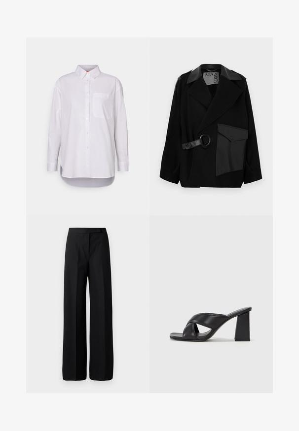 Black wool blend coat with leather-accented collar, asymmetrical front, side pocket, and a leather strap with a metal ring.; MAX&Co. BARI - Button-down blouse - weiss; Wide-leg black trousers with a smooth, matte texture. Flat waistband with no visible hardware or patterns. Simple and elegant design.; MAX&Co. SOHO - High heeled sandals - schwarz