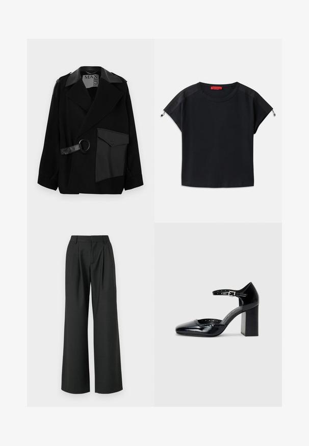 Melnas vilnas maisījuma mētelis ar ādas akcentētu apkakli, asimetrisku priekšpusi, sānu kabatu un ādas siksnu ar metāla gredzenu.; Melna īsā T-kreklu ar apaļu kaklu. Iezīmējas ar mīkstu audumu, kas satur satīna paneļus uz pleciem un stringu detaļām pie piedurknēm.; Won Hundred CAMILLE TROUSERS - Auduma bikses - licorice; Melna lakota ādas augstpapēžu kurpes ar kvadrātu purngalu, potītes siksniņu un masīlu papēdi. Iekļauj perforētu apdari gar malu.