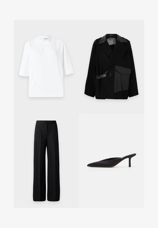 Zwarte jas van wolmix met een kraag met leren accenten, asymmetrisch voorpand, zijzak en een leren riem met metalen ring.; Witte korte mouwen t-shirt gemaakt van zachte katoen. Bevat een ronde halslijn en heeft een losse, relaxte pasvorm. Geen zichtbare patronen of accenten.; Wijde zwarte broek met een gladde, matte textuur. Plat tailleband zonder zichtbare hardware of patronen. Eenvoudig en elegant ontwerp.; Zwarte muiltje met spitse neus en een strak ontwerp, gemaakt van gladde stof, met een slanke hak en open achterkant voor gemakkelijk aan- en uittrekken.