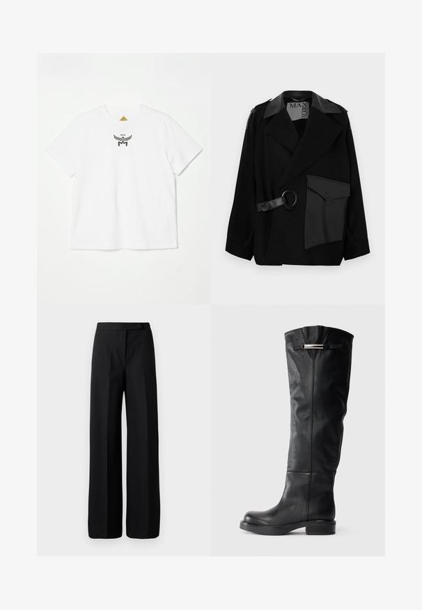 Casaco em mistura de lã preta com gola realçada a couro, frente assimétrica, bolso lateral e uma correia de couro com anilha metálica.; Camiseta de algodão branca com um pequeno logotipo preto com asas e "MCM" no centro à frente. Design de mangas curtas e gola redonda.; Calças pretas de perna larga com uma textura suave e mate. Cintura plana sem hardware ou padrões visíveis. Design simples e elegante.; Botas de couro pretas até ao joelho com uma textura suave, bico redondo e um salto baixo em bloco. Possuem um detalhe prateado na parte superior.