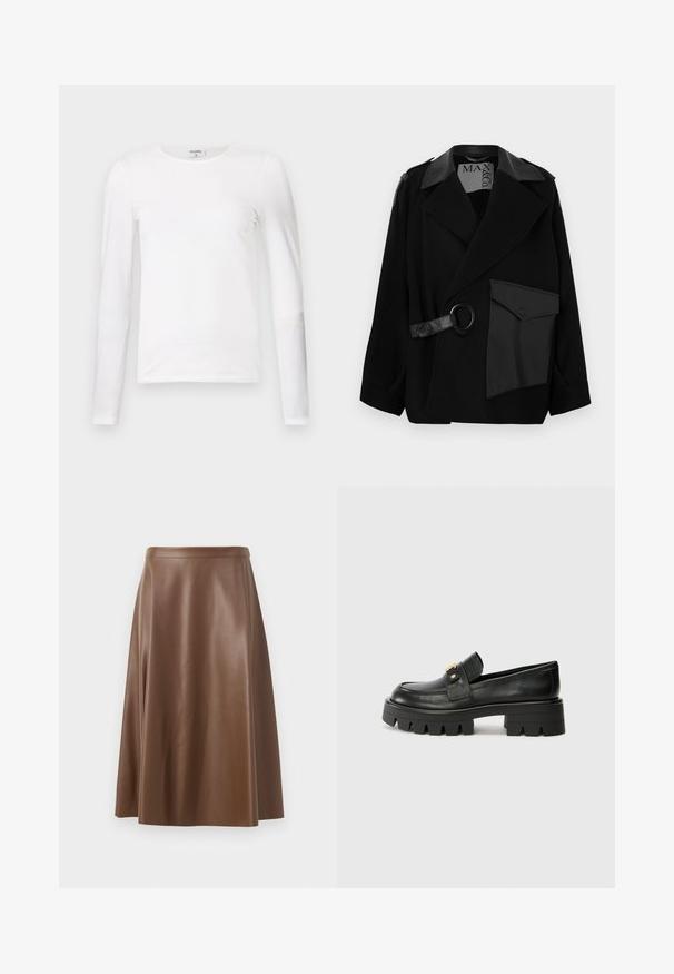 Black wool blend coat with leather-accented collar, asymmetrical front, side pocket, and a leather strap with a metal ring.; White long-sleeve t-shirt made of soft cotton, featuring a round neckline and a slim fit design with clean seams and no visible patterns.; Brown leather A-line skirt with a smooth texture and a mid-length hem. Features a fitted waistband and a slight flare from the hips.; Black leather loafers with a chunky sole, featuring a gold-tone accent on the front and a smooth finish. Chunky tread design on the sole.