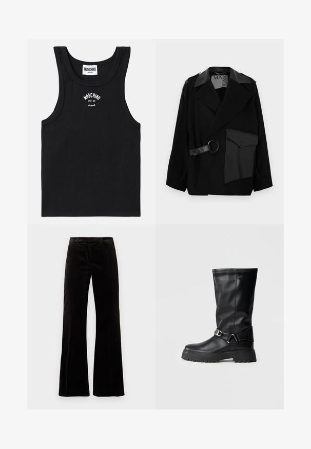Fekete gyapjú keverék kabát bőrből készült gallérral, aszimmetrikus elülső résszel, oldalzsebbel és bőr pánttal, rajta fém gyűrűvel.; Fekete bordázott ujjatlan felső, kerek nyakkal. A mellkason középen fehér hímzett "MOSCHINO Jeans 86 23" logo található. Simas textura.; Fekete kordbársony trapéznadrág, amely strukturált derékpánttal, sima textúrával és széles lábnyílásokkal rendelkezik, így laza sziluettet teremt.; Fekete, térd fölé érő csizmák sima bőrből, oldalt csattós díszítéssel és vastag, texturált talppal a jobb tapadás érdekében.