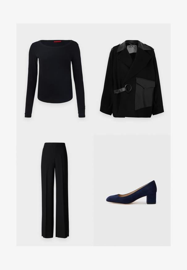 Cappotto in misto lana nero con colletto impreziosito da dettagli in pelle, davanti asimmetrico, tasca laterale e cinturino in pelle con anello metallico.; T-shirt nero a maniche lunghe con scollatura rotonda, dalla texture morbida e dalla forma aderente. Presenta un design semplice senza motivi o accenti.; Pantaloni neri a gamba larga con una texture liscia, dotati di una vita alta e pieghe centrali. Nessun motivo visibile o dettagli in metallo.; Pump in suede blu Navy con punta affusolata e tacco blocco di media altezza. Texture liscia con una leggera lucentezza e un piccolo taglio sul davanti.