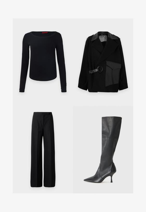 Czarny płaszcz z mieszanki wełny z kołnierzem zdobionym skórą, asymetrycznym przodem, boczną kieszenią oraz skórzanym paskiem z metalowym pierścieniem.; Czarna koszulka z długim rękawem o okrągłym dekolcie, o miękkiej fakturze i dopasowanym kroju. Posiada prosty design bez wzorów czy akcentów.; Szerokie czarne spodnie o gładkiej, matowej fakturze. Płaski pas bez widocznych elementów metalowych czy wzorów. Prosty i elegancki krój.; Czarne skórzane botki do kolan z ostrym noskiem i wąskim obcasem w szpilkę. Gładka tekstura z dopasowanym krojem i przeszyciem na górnej krawędzi.