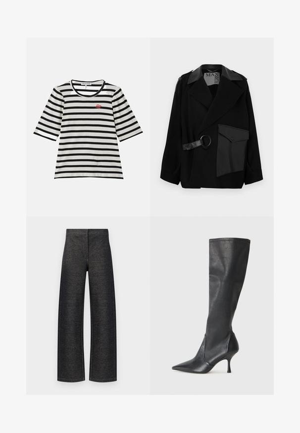 Mustast villa segust mantel, millel on nahaga kaunistatud krae, asümmeetriline esikülg, küljetasku ja metallrõngaga nahkrihm.; Ribaga T-särk lühikeste varrukatega, millel on must-valge ribastik, ümar kaelus ja väike punane logo vasakul rinnal.; Laiad püksid mustast denimist. Omavad tekstuurset viimistlust, puhtast vööst ja ilma nähtava riistvarata või taskuteta.; Knee-high mustad nahksaapad terava nina ja kitsaste stiilsete kontsadega. Sile tekstuur sobiva disainiga ja õmblused ülemisel serval.