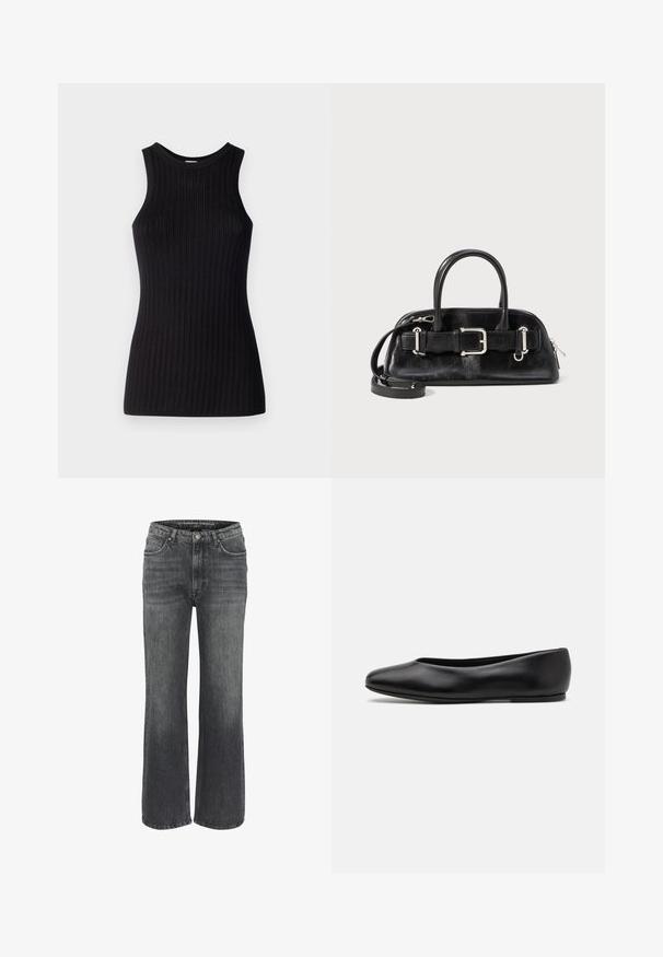 Sort uldblanding frakke med læder-accenteret krave, asymmetrisk forside, sidelomme og en læderrem med en metalring.; Sort ærmeløs top med ribbet tekstur, rund halsudskæring, tætsiddende pasform og en glat overflade. Letvægts strikstof.; Hvid skjortebluse med lange ærmer, små sorte polkaprikker over det hele og større sorte polkaprikker på krave og manchetter.; Bredde ben jeans i mørkegrå denim med et klassisk femlomme-design, stikninger og en knaplukning i taljen.; Paul Smith TOPANGA - Ballerinasko - black; Sort læderhåndtaske med en lynlås lukning, to korte håndtag og en aftagelig crossbody rem; har en spændefunktion på remmen.