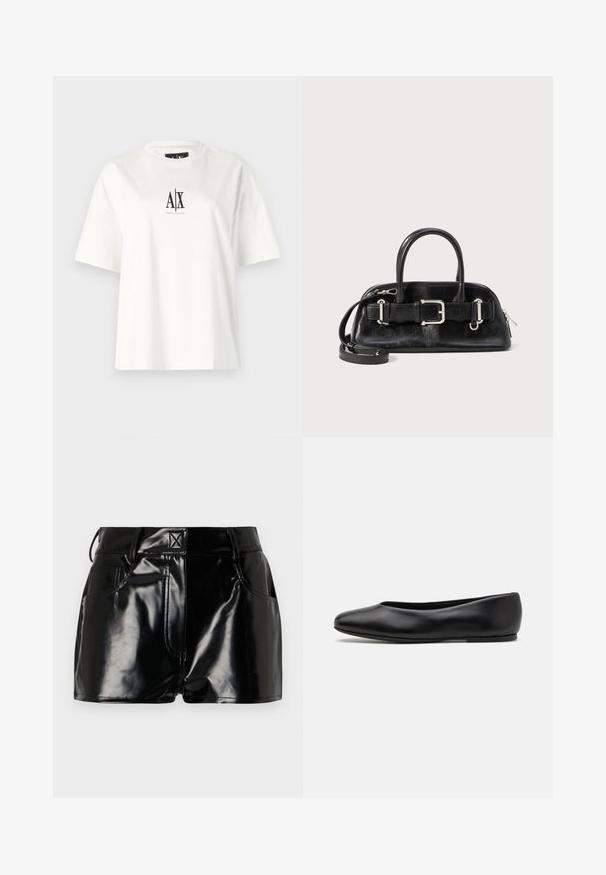 Czarny płaszcz z mieszanki wełny z kołnierzem zdobionym skórą, asymetrycznym przodem, boczną kieszenią oraz skórzanym paskiem z metalowym pierścieniem.; Biała bawełniana koszulka z krótkim rękawem, luźny krój, z czarnym nadrukiem logo na środku przodu. Gładka tekstura, bez dodatkowych wzorów.; Biała koszula zapinana na guziki z długimi rękawami, z małymi czarnymi groszkami na całej powierzchni oraz większymi czarnymi groszkami na kołnierzyku i mankietach.; Czarne, błyszczące spodenki wykonane z materiału syntetycznego. Posiadają dopasowaną talię, szlufki na pasek oraz przednie kieszenie z wyraźnymi detalami stębnowania.; Paul Smith TOPANGA czarny; Czarna skórzana torebka na zamek błyskawiczny, z dwoma krótkimi uchwytami i odczepianym paskiem na ramię; ma detal z klamrą na pasku.