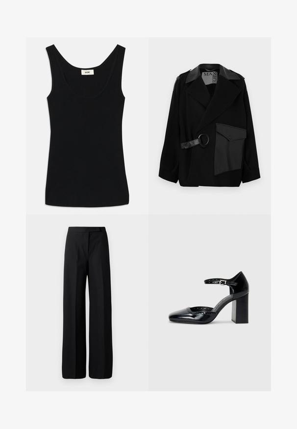 Fekete gyapjú keverék kabát bőrből készült gallérral, aszimmetrikus elülső résszel, oldalzsebbel és bőr pánttal, rajta fém gyűrűvel.; Fekete ujjatlan felső puha anyagból, kerek dekoltázzsal és széles vállpántokkal. Fitted alakja és tiszta, varrat nélküli dizájnja van.; Széles szárú fekete nadrág sima, matt textúrával. Lapos derékpánt, amelyen nincs látható fémrész vagy mintázat. Egyszerű és elegáns dizájn.; Fekete patent bőr, magas sarkú cipők négyzetes orral, bokapánttal és vastag sarkal. A szélén lyukacsos díszítéssel.