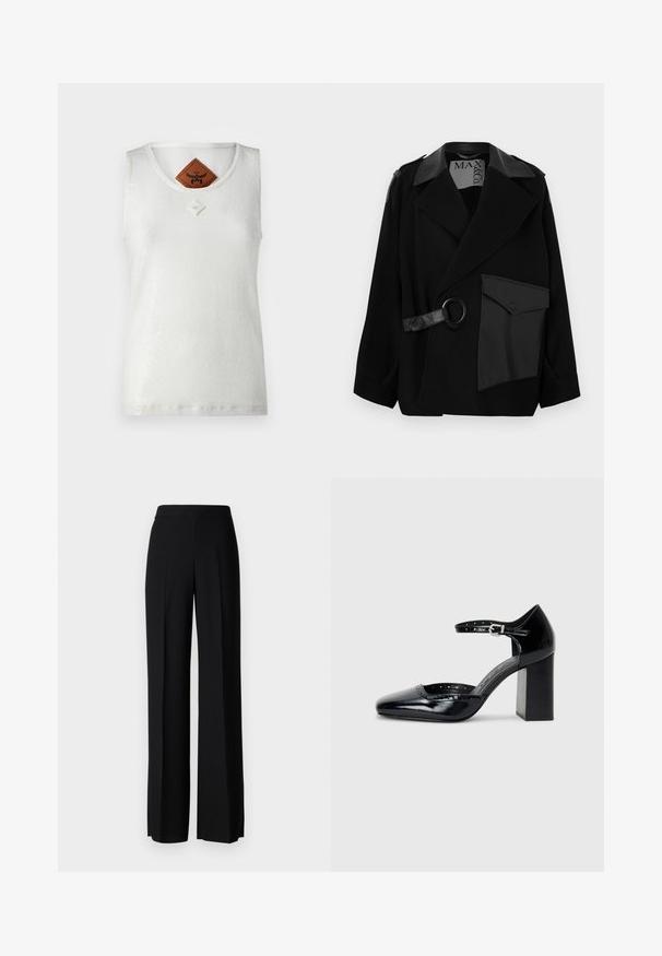 Black wool blend coat with leather-accented collar, asymmetrical front, side pocket, and a leather strap with a metal ring.; MCM SEQUINS TANK - Top - white; Black wide-leg trousers with a smooth texture, featuring a high waistband and center pleats. No visible patterns or hardware details.; Black patent leather high-heeled shoes with a square toe, ankle strap, and a chunky heel. Includes perforated detailing along the rim.