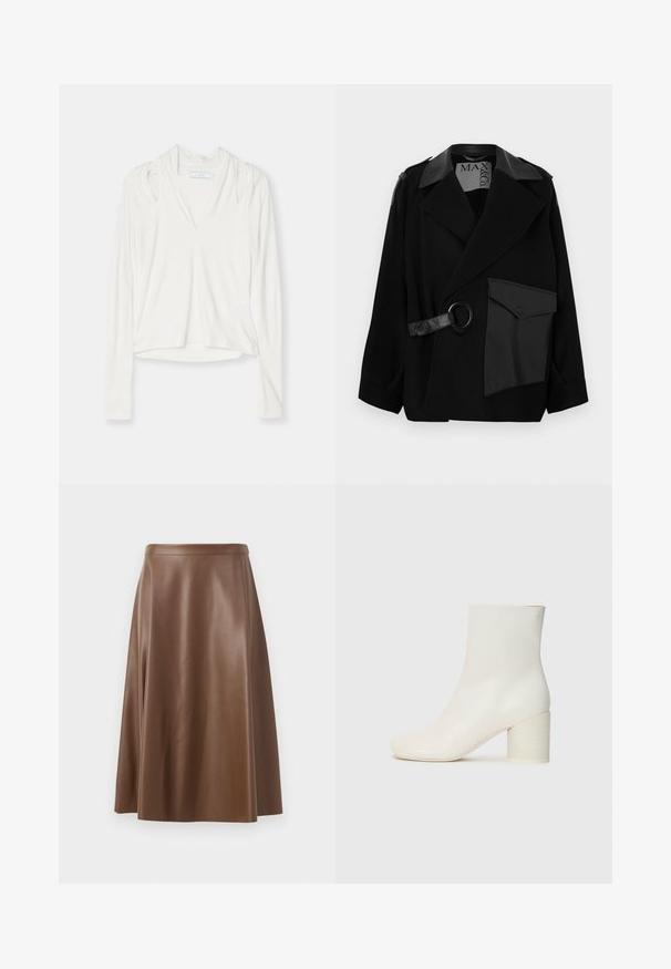 Black wool blend coat with leather-accented collar, asymmetrical front, side pocket, and a leather strap with a metal ring.; Long-sleeve, white top with a v-neckline, features shoulder cutouts, a relaxed fit, and a hem that curves slightly at the bottom.; Brown leather A-line skirt with a smooth texture and a mid-length hem. Features a fitted waistband and a slight flare from the hips.; White leather ankle boot with rounded toe and chunky cylindrical heel. Smooth texture, minimal design, no visible hardware or patterns.