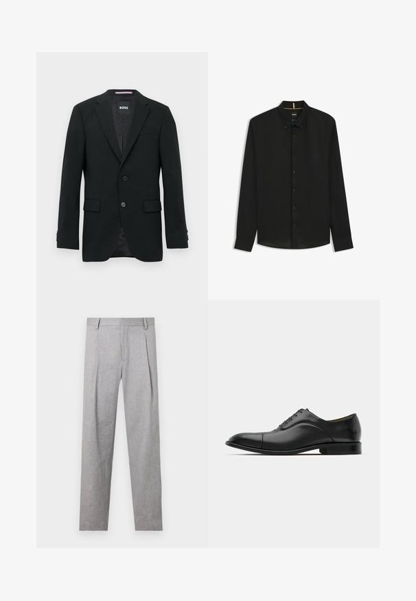 Schwarzer maßgeschneiderter Herrenblazer mit Reverskragen, zwei vorderen Knöpfen, aufgesetzten Taschen und einem markierten Innenetikett.; BOSS LIAM - Hemd - black one; Grau maßgeschneiderte Hose aus strukturiertem Stoff, mit Falten, geradem Beinverlauf und einem klassischen Bunddesign.; Schwarze Leder-Dress-Schuhe mit glatter Textur, runder Zehenform und fünf Ösen. Sie verfügen über einen niedrigen, gestapelten Absatz und dezente Nahtdetails.