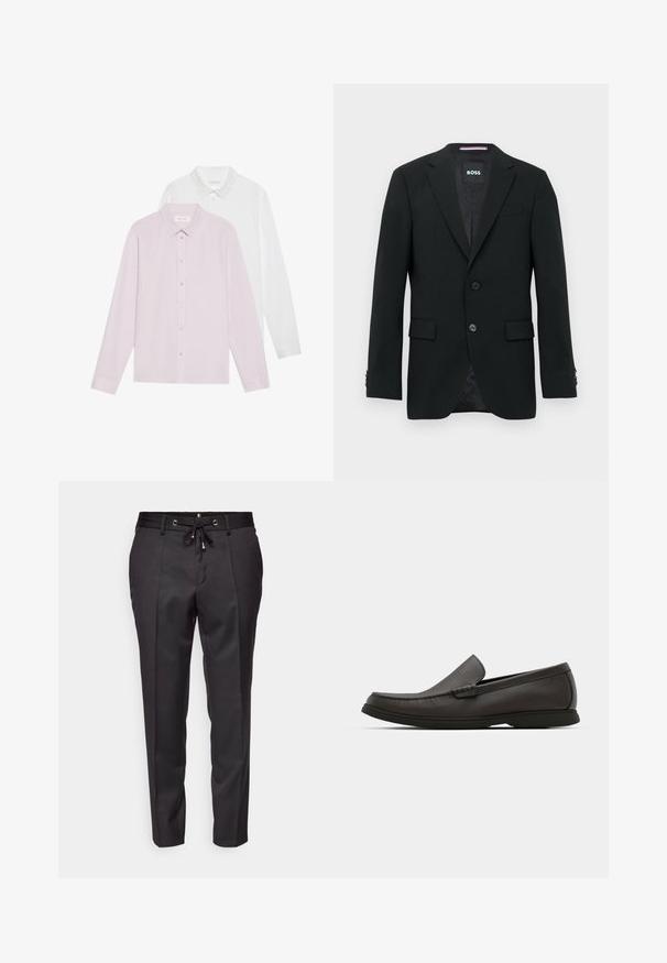 Melnas vīriešu bleizeris ar kabatas atlokiem, divām priekšējām pogām, kabatas atlokiem un iekšējo zīmola etiķeti.; Divas divas garām piedurknēm: viena gaiši rozā, otra balta. Abām ir norobežotas apkakles un pogu aizdare. Gluda auduma bez rakstiem.; Melnas pielāgotas bikses ar aukliņu jostasvietā, krokām priekšpusē un piegrieztām apakšmalām. Izgatavotas no gludas auduma ar strukturētu piegriezumu.; Tumši brūni ādas mokasīni ar noapaļotu purngalu, smalkiem šuvēm un zemu gumijas zoli. Gluda tekstūra ar elastīgu piegulšanu.