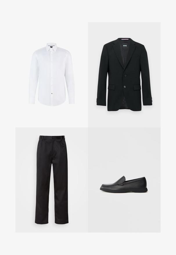 Blazer masculino preto, ajustado, com lapelas recortadas, dois botões frontais, bolsos de aba e etiqueta interna com marca.; Camisa de dress de manga longa branca feita de um tecido suave, com fecho de botões na frente, colarinho pontudo e bainha arredondada. Acento de botão da marca em destaque.; Calças pretas feitas de um tecido suave, com fecho frontal por botão, pregas e pernas retas. Sem padrões ou acentos visíveis.; Sandalho loafer pretos de couro, com parte superior texturizada, bico arredondado, salto baixo e sola de borracha, apresentados em perfil lateral sobre fundo branco.