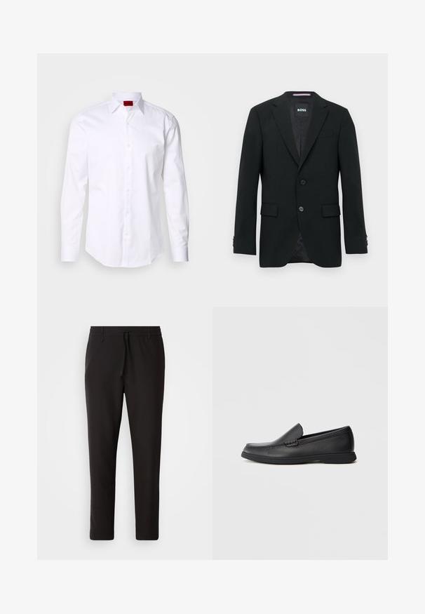 Blazer noir ajusté pour homme avec revers en pointe, deux boutons à l'avant, poches à rabat et une étiquette intérieure de marque.; Chemise blanche à manches longues avec texture en chevron, col boutonné et étiquette logo rouge à l'intérieur du col. Coupe standard avec des boutons à l'avant.; Pantalons de jogging noirs en tissu lisse. Dotés d'une taille élastique avec cordon de serrage, jambes fuselées, et sans poches visibles. Design simple.; Mocassin noir en cuir à enfiler avec un dessus texturé, bout rond, talon bas et semelle en caoutchouc, présenté en profil latéral sur fond blanc.
