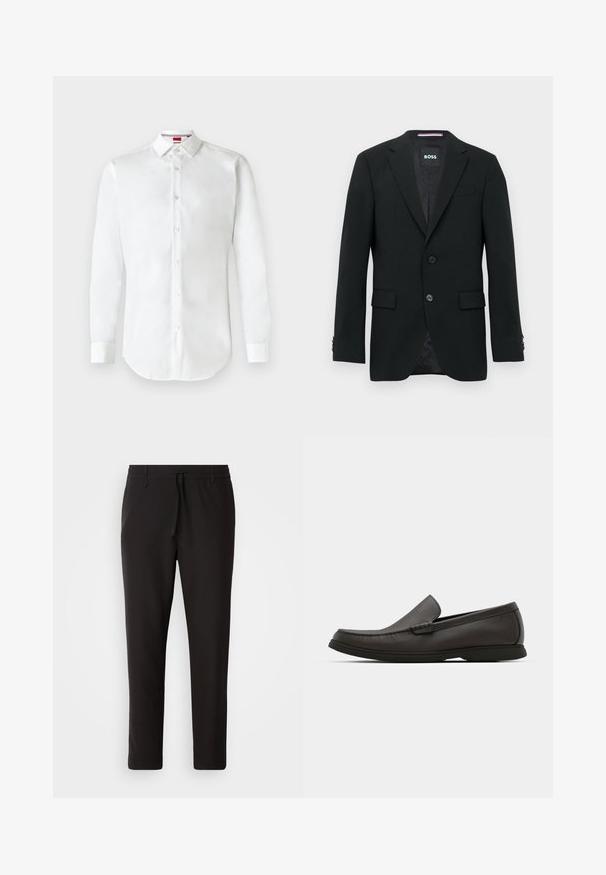 Blazer negro a medida para hombre, con solapas de muesca, dos botones frontales, bolsillos de solapa y una etiqueta interior de marca.; Camisa de botón de manga larga blanca hecha de algodón. Presenta un cuello clásico, botones en el frente y un dobladillo curvado. Diseño sencillo y liso.; Pantalones de chándal negros de tejido suave. Cuentan con una cintura elástica con cordón, piernas ajustadas y sin bolsillos visibles. Diseño sencillo.; Mocasines de cuero marrón oscuro con punta redondeada, detalles de costura sutil y suela de goma baja. Textura suave con un ajuste flexible.