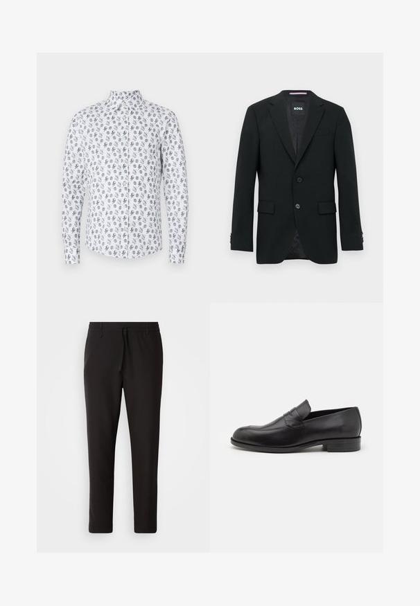 Čierny pánsky sak s úzkych klopami, dvoma prednými gombíkmi, klopovými vreckami a značkovou vnútornou etiketou.; Biely košeľový dres s gombíkovým golierom, zdobený opakujúcim sa čiernym a sivým vzorom chobotníc a kruhov. Dlhé rukávy, látka z bavlnenej zmesi.; Čierne jogger nohavice vyrobené z hladkej tkaniny. Majú elastický pás s šnúrkou, zúžené nohavice a žiadne viditeľné vrecká. Jednoduchý dizajn.; Čierne kožené mokasíny s okrúhlou špičkou a jemnými prešívacími detailmi. Hladký povrch a nízky podpätok s logom na zadnej strane.