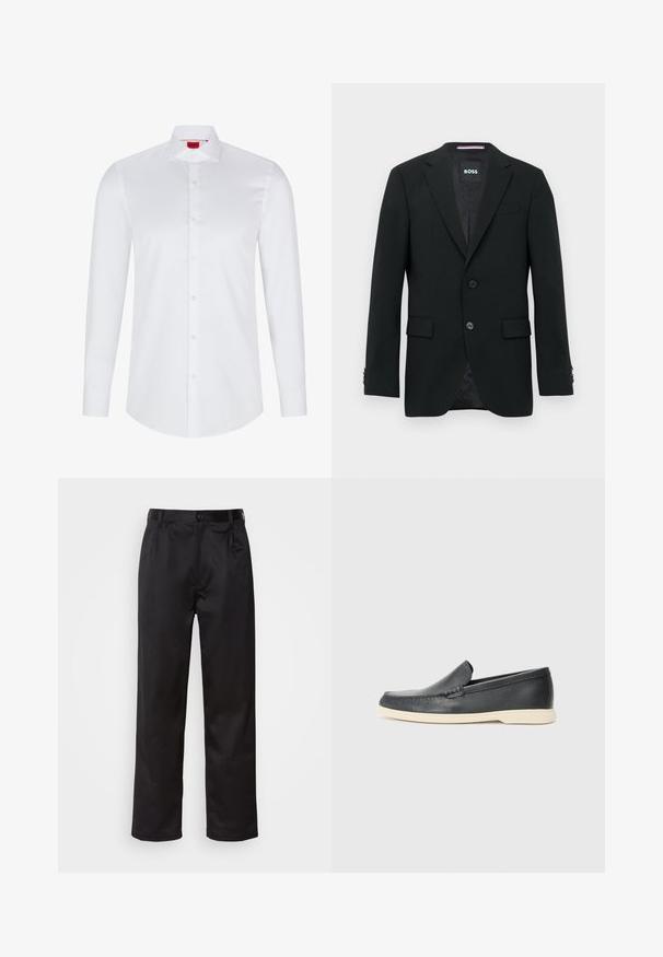 Blazer negro a medida para hombre, con solapas de muesca, dos botones frontales, bolsillos de solapa y una etiqueta interior de marca.; Camisa blanca de manga larga con botones, hecha de algodón suave. Presenta un cuello clásico, una botonera completa y un dobladillo redondeado.; Pantalones negros de tela suave, con cierre delantero de botón, pliegues y patas rectas. Sin patrones ni acentos visibles.; Mocasines de piel negra sin cordones con un acabado texturizado y una suela de goma beige en contraste. Presentan un sutil acento en la parte frontal.