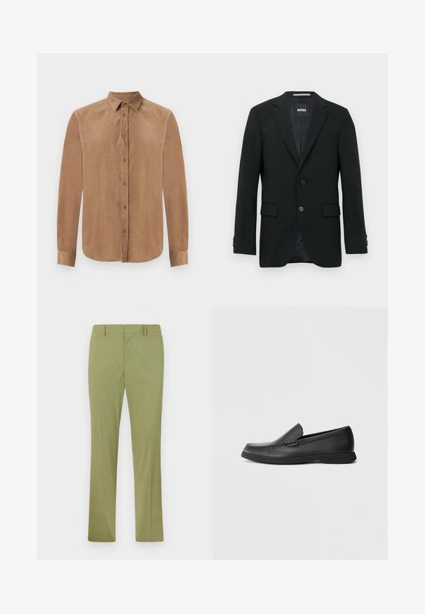 Blazer da uomo nero su misura con rever a gola, due bottoni frontali, tasche a pattina e etichetta interna con marchio.; Camicia button-up marrone a maniche lunghe in tessuto morbido, con colletto classico e chiusura frontale a bottoni. Tessuto liscio con taglio dritto.; Pantaloni verde khaki con design a gamba dritta, fronte piatto e passanti per cintura. Realizzati in tessuto morbido con una leggera lucentezza.; Mocassino slip-on in pelle nera con sopra testurizzato, punta arrotondata, tacco basso e suola in gomma, mostrato in profilo laterale su sfondo bianco.