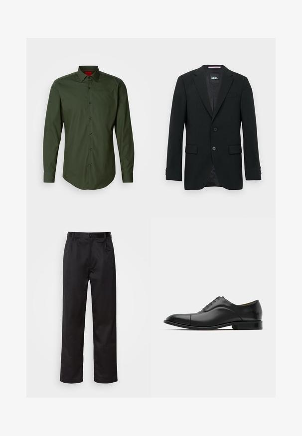 Fekete, testre szabott férfi zakó, amelyen hajtott gallér, két elülső gomb, zsebkendős zsebek és márkázott bélés található.; Sötétzöld, hosszú ujjú ing sima pamutból, klasszikus gallérral, fekete gombokkal és ívelt aljjal. Piros márkalogó a galléron.; Fekete nadrág sima anyagból, elülső gombos záródással, redőkkel és egyenes szárral. Nincsenek látható minták vagy díszítések.; Fekete bőr dresszcipő sima felülettel, kerek orral és öt fűzőlyukkal. Alacsony, rétegelt sarkú, finom varrásokkal.