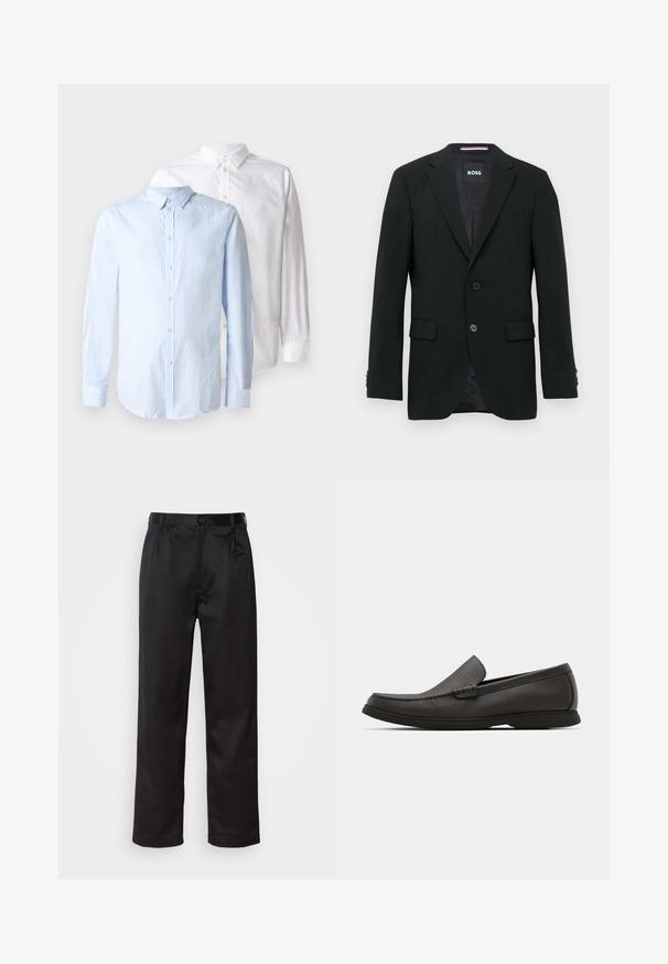 Blazer masculino preto, ajustado, com lapelas recortadas, dois botões frontais, bolsos de aba e etiqueta interna com marca.; Duas camisas de manga longa: uma azul-claro com riscas verticais e uma branca sólida. Ambas apresentam frente com botões e detalhes de colarinho.; Calças pretas feitas de um tecido suave, com fecho frontal por botão, pregas e pernas retas. Sem padrões ou acentos visíveis.; Mocassins de couro castanho escuro com biqueira arredondada, detalhes de costura discretos e sola de borracha baixa. Textura suave com um ajuste flexível.