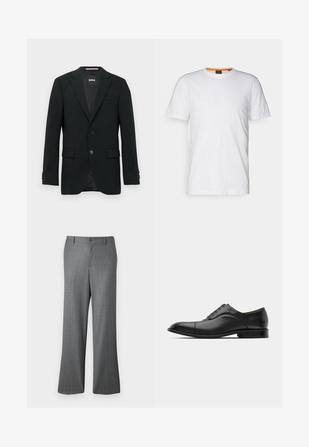 Černé pánské sako na míru s výstřihy do tvaru klopy, se dvěma předními knoflíky, klopovými kapsami a značkovou vnitřní etiketou.; Bílý bavlněný tričko s kulatým výstřihem, krátkými rukávy a jemně embosovaným logem na hrudi. Vnitřní štítek má oranžový akcent.; Šedé pruhované kalhoty s uvolněným střihem, s knoflíkovým zapínáním, poutek na opasek a jemnými světle modrými pruhy po celé délce.; Černá kožená společenská obuv s hladkým povrchem, kulatou špičkou a pěti otvory na šněrování. Obsahuje nízký vrstvený podpatek a jemné švy.