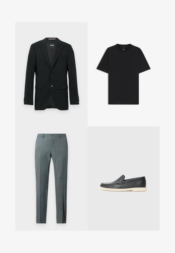 Schwarzer maßgeschneiderter Herrenblazer mit Reverskragen, zwei vorderen Knöpfen, aufgesetzten Taschen und einem markierten Innenetikett.; Schwarz T-Shirt mit kurzen Ärmeln aus einem glatten Baumwollmix, mit Rundhalsausschnitt und einem minimalistischen Design ohne Muster oder Akzente.; Schmal geschnittene Hose aus strukturiertem grauem Stoff mit flachem Vorne, Knopfverschluss und Gürtelschlaufen. Verfügt über ein maßgeschneidertes Design und gerade Beine.; Schwarze Leder-Slipper mit strukturiertem Finish und einer kontrastierenden beige Gummisohle. Mit einem dezenten Akzent an der Vorderseite.