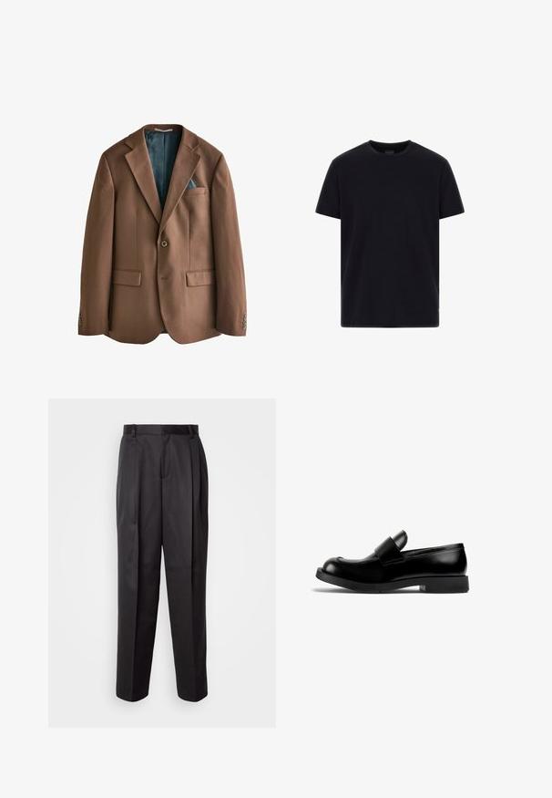 Brauner Blazer aus Stoff mit glatter Textur. Ein-Knopf-Verschluss, zwei vordere Taschen und ein innen sichtbar gemusterter Teal-Futter.; Schwarzes T-Shirt mit kurzen Ärmeln und Rundhalsausschnitt aus glattem Stoff, mit gesteppten Details und einem kleinen Logo-Label nahe dem Saum.; Schwarze Hose aus glattem Stoff, mit geradem Schnitt, vorderen Falten und Gürtelschlaufen, in einem maßgeschneiderten und strukturierten Design.; Schwarze Lederlofer mit runder Zehenform, flacher Gummisohle und einem auffälligen Riemendetail über dem Vorderblatt. Glatte Textur, minimalistisches Design.