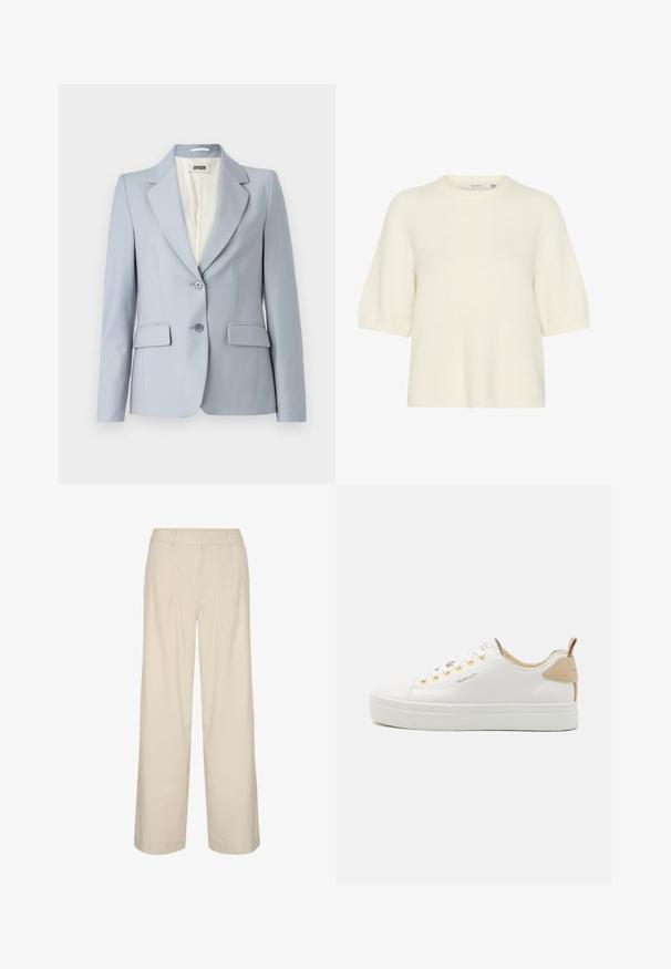Blazer su misura di colore blu chiaro in tessuto morbido con rever a scollatura, due tasche frontali e chiusura a due bottoni. Interno foderato.; Maglione a maniche corte e collo rotondo realizzato in materiale morbido e soffice di colore bianco sporco. Presenta una vestibilità rilassata con polsini e orlo a coste.; Pantaloni beige a gamba larga in misto lino, dotati di vita alta, pieghe e una texture liscia. Nessuna hardware o motivo visibile.; Sneaker bianche in pelle con suola in gomma texturizzata, occhielli dorati e un accento beige sul tallone. Logo GANT visibile sul lato.