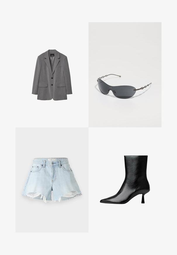 Blazer gris ajusté avec des revers à cran, deux poches avant, deux boutons et une doublure simple. Fabriqué en tissu mélangé avec une texture lisse.; Chemise blanche à manches longues avec un col structuré et une cravate noire, présentant une texture en coton lisse et un design à boutons sur le devant.; Shorts en denim bleu clair avec ourlet effiloché, bords déchirés et design classique à cinq poches. Dotés d'une fermeture avec bouton en métal et zip.; Bottines noires en cuir verni avec un bout pointu et un talon fin, présentant une texture lisse et un design minimaliste.; Lunettes de soleil avec des verres gris foncé, une forme courbée élégante et des branches en métal ondulées distinctives. La surface est lisse avec une finition mate subtile.; Sac à main en cuir noir avec poignées tressées, surface texturée, poche frontale zippée et accents de franges décoratives. Forme compacte et structurée.