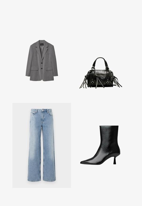 Blazer gris ajusté avec des revers à cran, deux poches avant, deux boutons et une doublure simple. Fabriqué en tissu mélangé avec une texture lisse.; Chemise blanche à manches longues avec un col structuré et une cravate noire, présentant une texture en coton lisse et un design à boutons sur le devant.; Jeans bleu clair à jambe large avec un délavage, cinq poches, fermeture à bouton et ourlets droits. Fabriqués en denim avec une texture lisse.; Bottines noires en cuir verni avec un bout pointu et un talon fin, présentant une texture lisse et un design minimaliste.; Sac à main en cuir noir avec poignées tressées, surface texturée, poche frontale zippée et accents de franges décoratives. Forme compacte et structurée.
