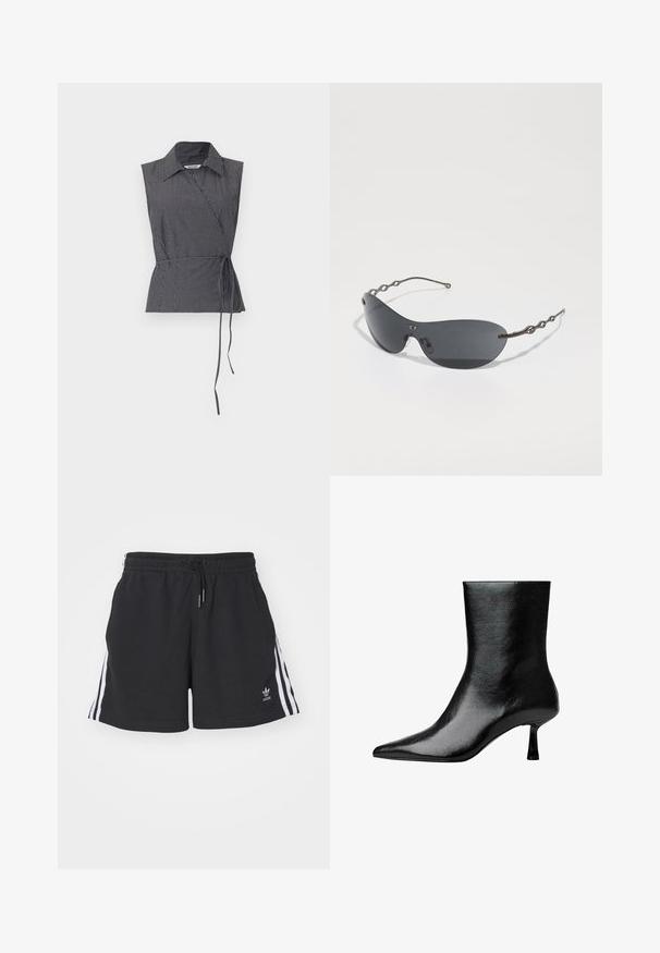 Sivý prispôsobený blejzer s klopami, dvoma prednými vreckami, dvoma gombíkmi a jednoduchou podšívkou. Vyrobený z zmesi látok s hladkou textúrou.; Weekday ABY WRAP - Blúzka - black; Čierne športové šortky vyrobené z bavlneného zmesi, s bielymi bočnými pruhmi, elastickým pásom s šnúrkou a malým logom na leme.; Čierne členkové topánky vyrobené z lesklej kože s ostrou špičkou a štíhlým podpätkom, s hladkou textúrou a minimalistickým dizajnom.; Slnečné okuliare s tmavošedými šošovkami, elegantný zakrivený tvar a charakteristické vlnité kovové ramena. Povrch je hladký s jemným matným dokončením.; Čierna kožená kabelka s pletenými uchami, textúrovaným povrchom, zipsovým predným vreckom a dekoratívnymi strapcami. Kompaktne tvarovaná a štruktúrovaná.
