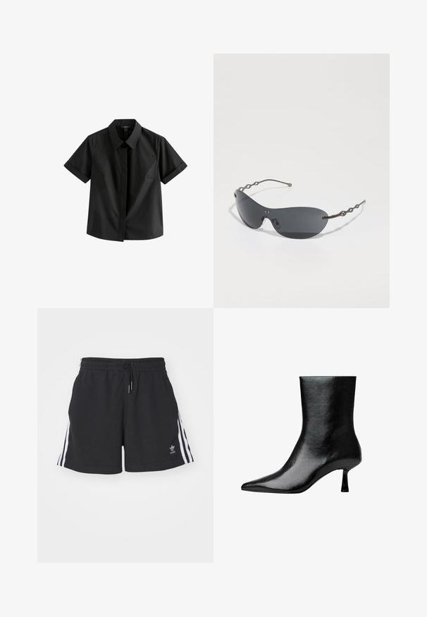 Grau maßgeschneiderte Blazer mit Reverskragen, zwei Fronttaschen, zwei Knöpfen und einem einfachen Futter. Hergestellt aus einem Mischgewebe mit glatter Textur.; Schwarzes Kurzarmhemd aus glattem Stoff mit spitzem Kragen, frontaler Knopfleiste und dezenten Seitennähten.; Schwarze Sportshorts aus einem Baumwollmix, mit weißen seitlichen Streifen, elastischem Bund mit Kordelzug und kleinem Logo am Saum.; Schwarzer Knöchelschuh aus glänzendem Leder mit spitzem Zeh und schmalem Absatz, präsentiert sich mit glatter Textur und minimalistischem Design.; Sonnenbrille mit dunkelgrauen Gläsern, eleganter, geschwungener Form und markanten, wellenförmigen Metallbügeln. Die Oberfläche ist glatt mit einem dezenten matten Finish.; Schwarze Lederhandtasche mit geflochtenen Tragegriffen, texturiertem Oberflächen, einem Reißverschluss-Frontfach und dekorativen Fransenakzenten. Kompakte und strukturierte Form.