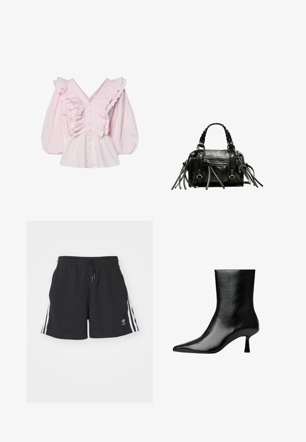 Sivý prispôsobený blejzer s klopami, dvoma prednými vreckami, dvoma gombíkmi a jednoduchou podšívkou. Vyrobený z zmesi látok s hladkou textúrou.; Ružová bavlnená blúzka s hlbokým V-výstrihom, riasením pozdĺž tela a objemnými nafúknutými rukávmi so zapínaním na gombík.; Čierne športové šortky vyrobené z bavlneného zmesi, s bielymi bočnými pruhmi, elastickým pásom s šnúrkou a malým logom na leme.; Čierne členkové topánky vyrobené z lesklej kože s ostrou špičkou a štíhlým podpätkom, s hladkou textúrou a minimalistickým dizajnom.; Čierna kožená kabelka s pletenými uchami, textúrovaným povrchom, zipsovým predným vreckom a dekoratívnymi strapcami. Kompaktne tvarovaná a štruktúrovaná.