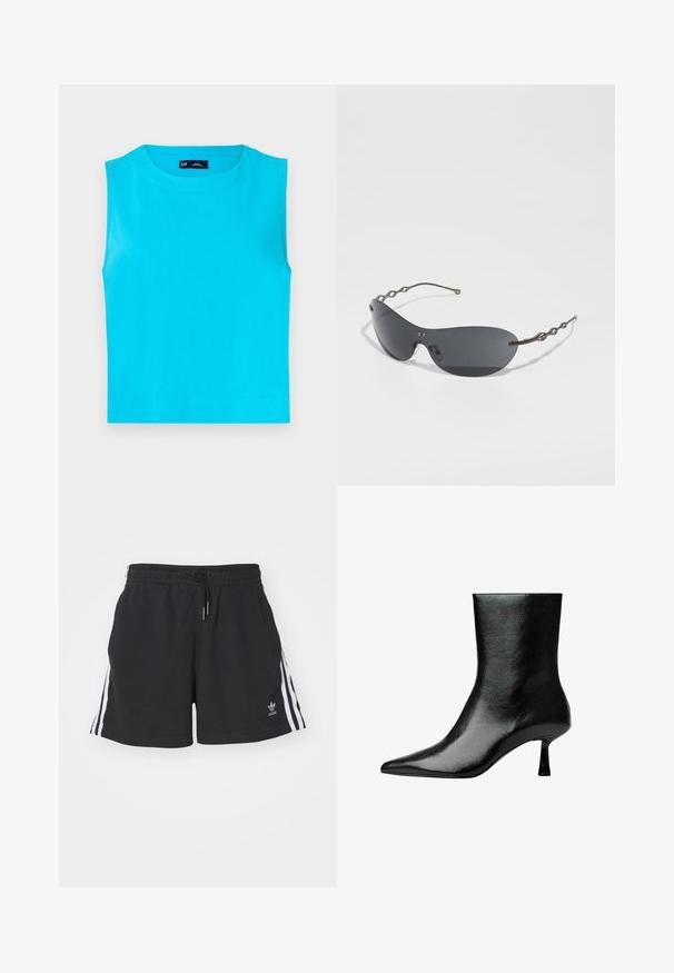 Grå skräddarsydd kavaj med skalkragar, två framfickor, två knappar och en enkel foder. Tillverkad av en blandad tyg med en mjuk textur.; Ärmrös, ljus turkos topp i mjuk bomull. Har en rund halsringning och en rak, kortad nederkant utan synliga knäppningar.; Svarta träningsshorts i bomullsblandning, med vita sidremsor, elastisk midja med dragsko och liten logotyp vid fållen.; Svart ankelboot tillverkad av glansigt läder med spetsig tå och smal klack, med en slät yta och minimalistisk design.; Solsken med mörkgrå linser, slank böjd form och distinkta vågiga metallarmar. Ytan är slät med en subtil matt finish.; Svart läderhandväska med flätade handtag, texturerad yta, dragkedjeförsedd framficka och dekorativa fransdetaljer. Kompakt och strukturerad form.