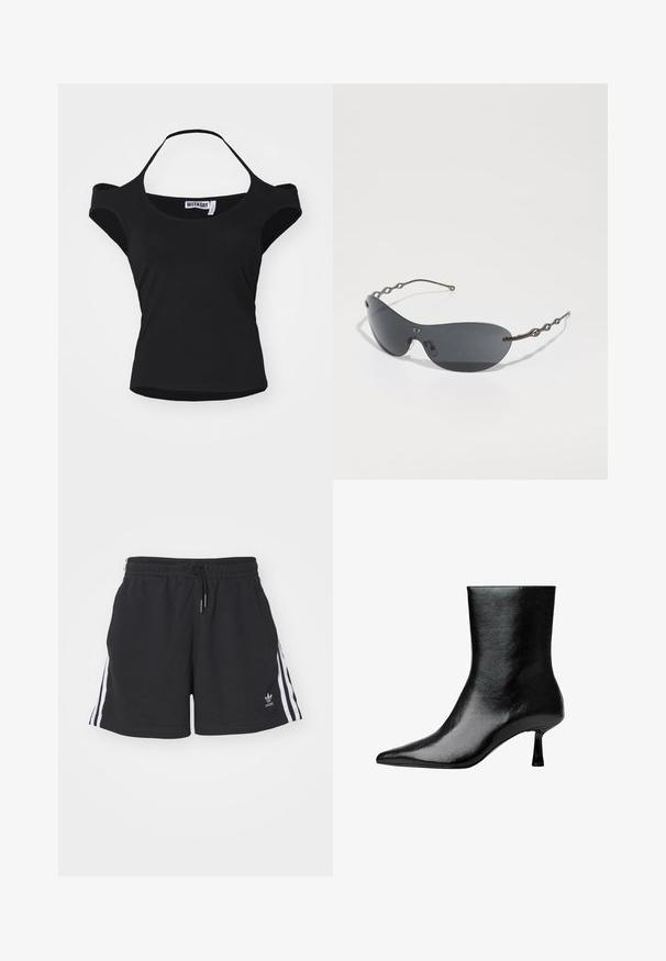 Blazer gris ajusté avec des revers à cran, deux poches avant, deux boutons et une doublure simple. Fabriqué en tissu mélangé avec une texture lisse.; Haut noir à manches courtes avec un design décolleté, fabriqué dans un tissu lisse et extensible. Présente un col large et un ourlet doucement incurvé.; Shorts athlétiques noirs en mélange de coton, avec des rayures blanches sur les côtés, une taille élastique avec cordon de serrage, et un petit logo sur l'ourlet.; Bottines noires en cuir verni avec un bout pointu et un talon fin, présentant une texture lisse et un design minimaliste.; Lunettes de soleil avec des verres gris foncé, une forme courbée élégante et des branches en métal ondulées distinctives. La surface est lisse avec une finition mate subtile.; Sac à main en cuir noir avec poignées tressées, surface texturée, poche frontale zippée et accents de franges décoratives. Forme compacte et structurée.