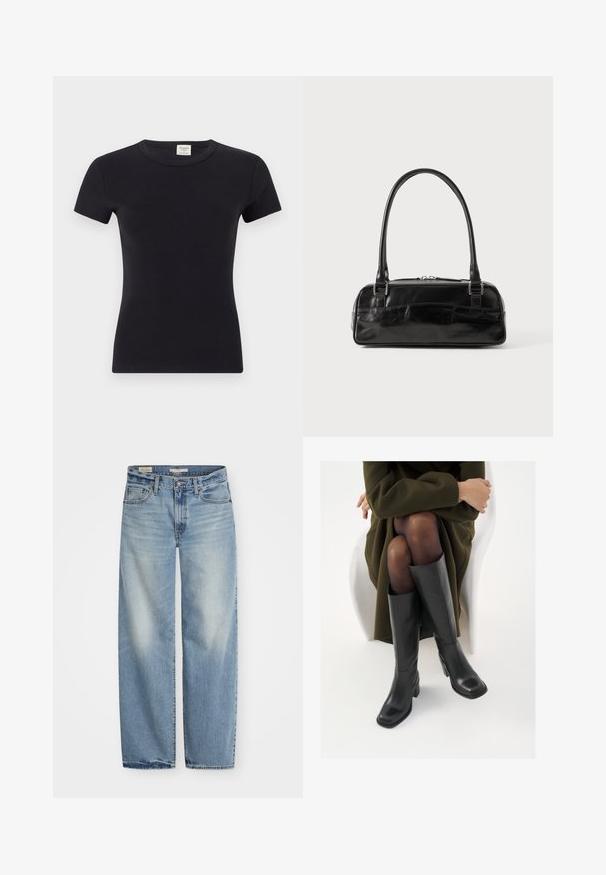 Light gray blazer with a single button closure, notched lapels, two front pockets, and a central back vent. Smooth fabric texture.; Black short-sleeve t-shirt in a soft, stretchy fabric with a classic round neckline and fitted silhouette, suitable for layering or casual wear.; Light blue wide-leg jeans made of denim. Features a button and zip fly, five pockets, and a faded finish with a slightly distressed hem.; Knee-high black leather boots with a squared toe and block heel, shown with a model seated in an olive green coat. Smooth texture, minimal detailing.; Black leather handbag with a rectangular shape, featuring a single structured handle, silver hardware, and zip closure. Smooth texture.